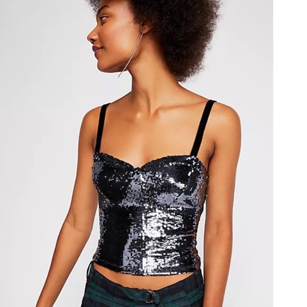 Free People Sequin Cami Top Black Silver‎ Velvet Straps XS New With Tags